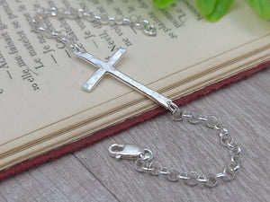 Sterling Hammered Sideways Cross Bracelet / Faith Bracelet / Sideways Cross / Inspirational Jewelry / Adjustable Bracelet