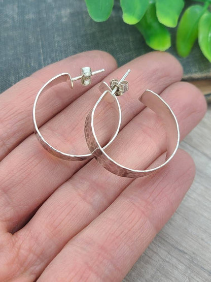 1" Sterling Wide Rustic Hammered Hoop Earrings / Large Hoops