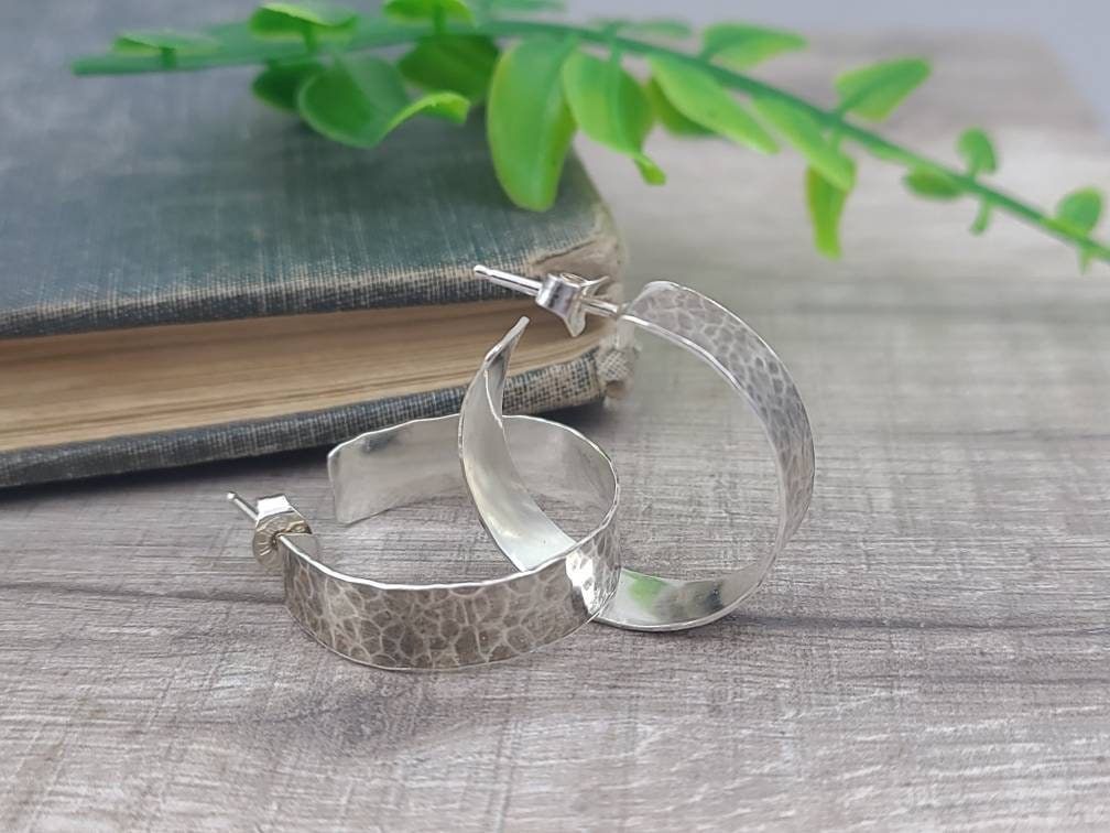1" Sterling Wide Rustic Hammered Hoop Earrings / Large Hoops