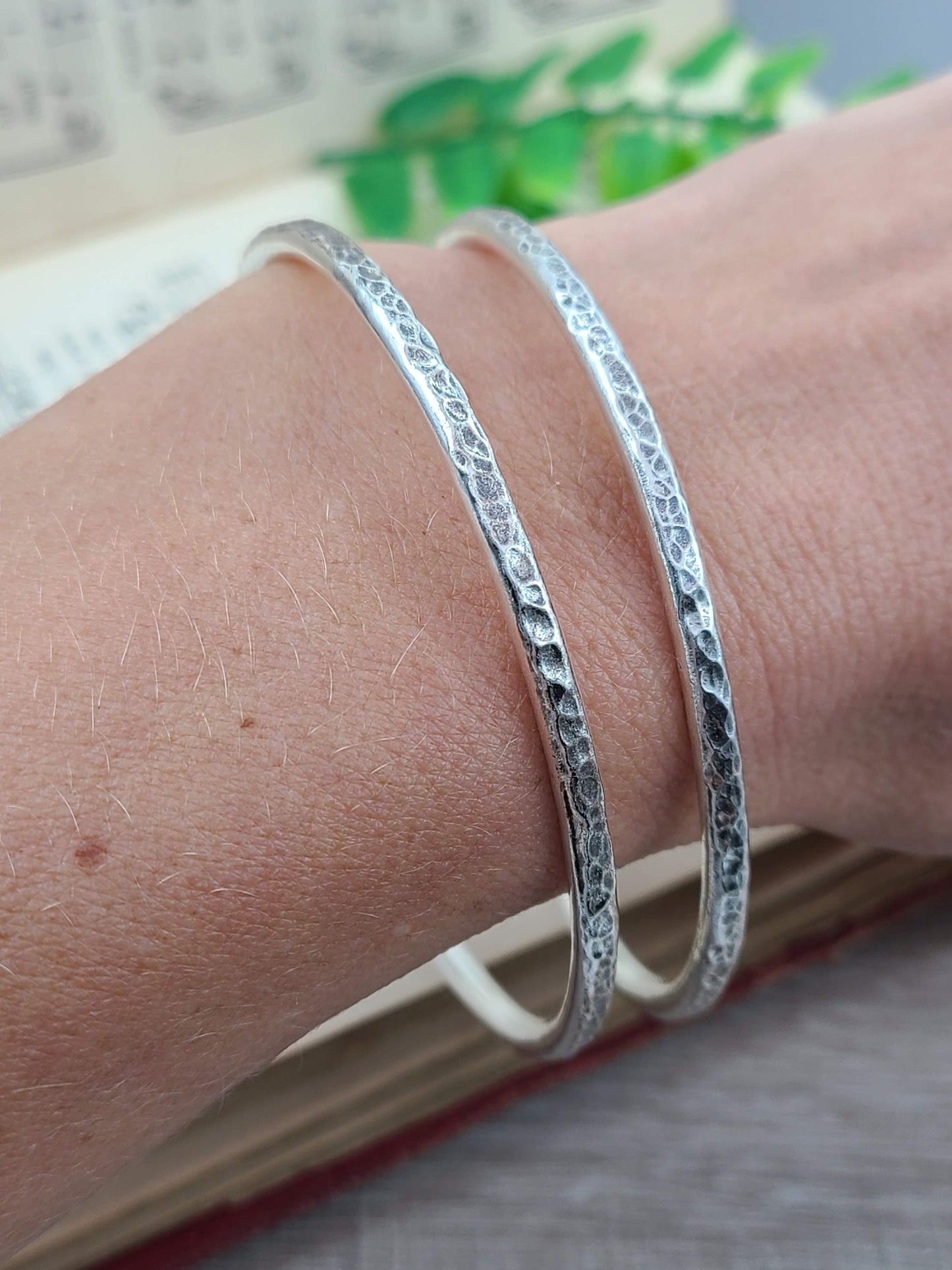 Chunky Rustic Sterling Silver Hammered Bangle Bracelet / Thick Bangles