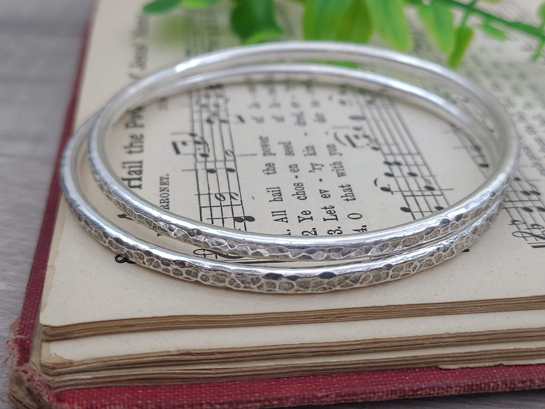 Chunky Rustic Sterling Silver Hammered Bangle Bracelet / Thick Bangles