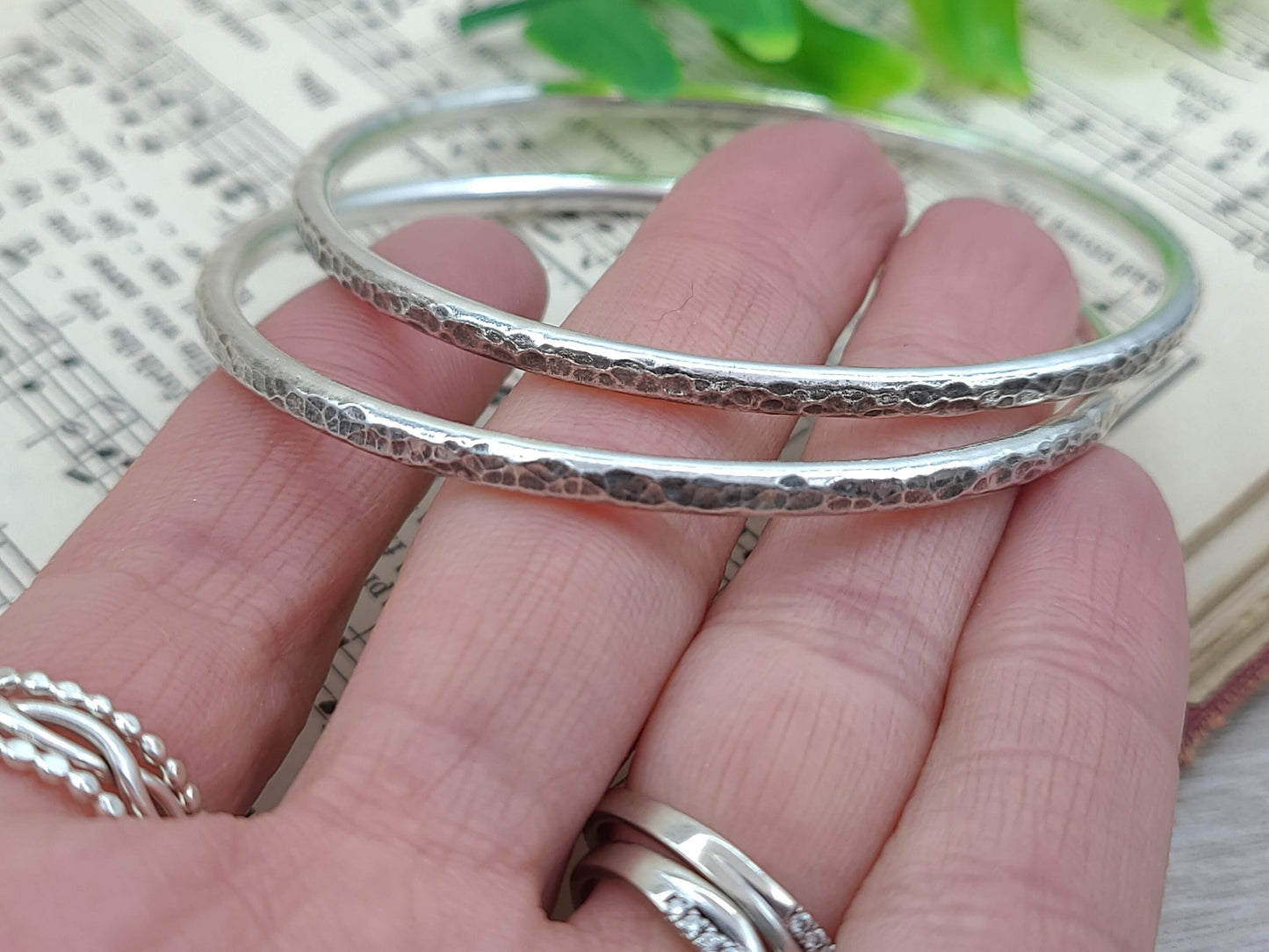 Chunky Rustic Sterling Silver Hammered Bangle Bracelet / Thick Bangles