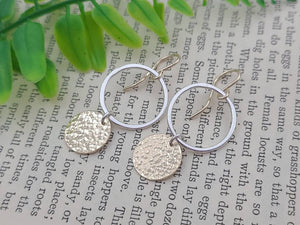 Sterling Silver Gold Hammered Disc Earrings / Circle