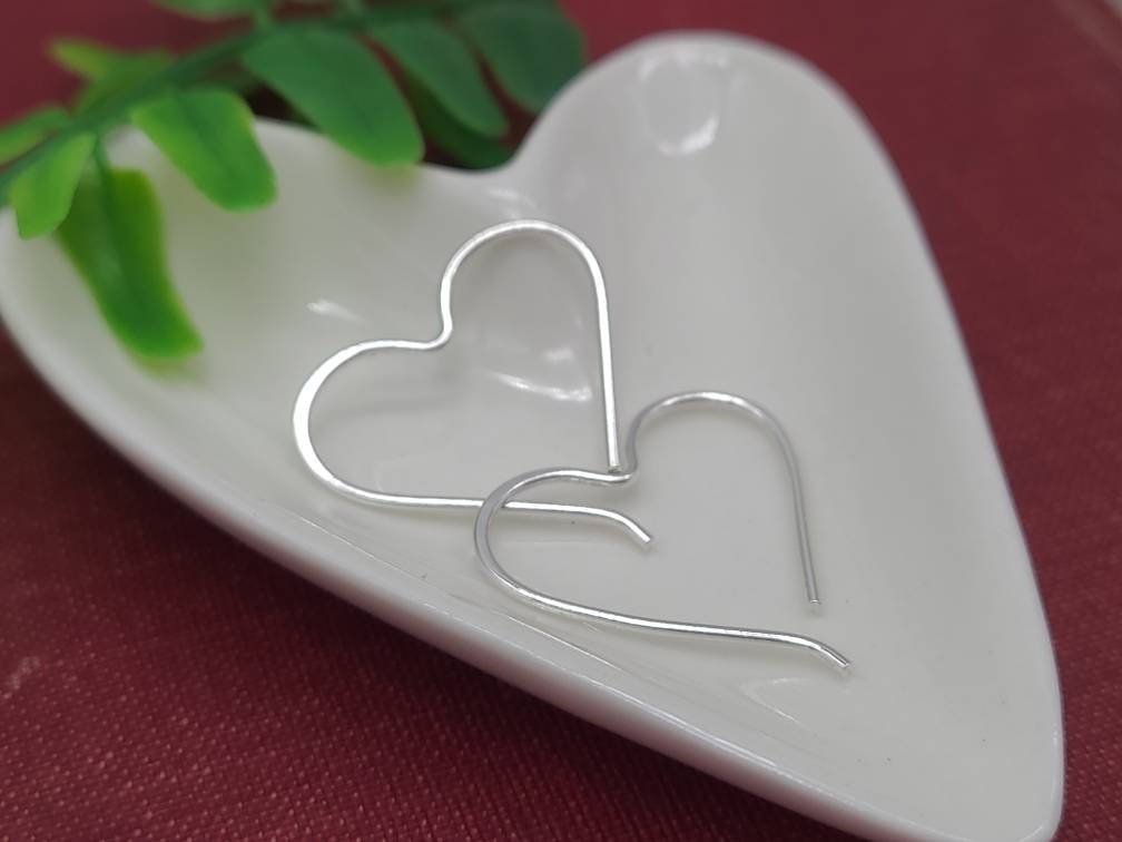 Sterling Silver Heart Hoop Earrings / Threaders / Thin Earrings