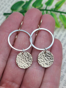 Sterling Silver Gold Hammered Disc Earrings / Circle