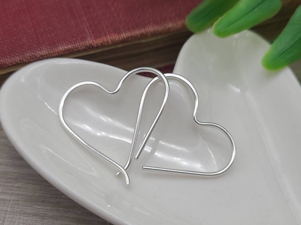 Sterling Silver Heart Hoop Earrings / Threaders / Thin Earrings