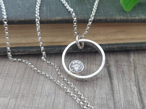 Sterling Circle Diamond CZ Necklace / Floating Diamond / Minimalist
