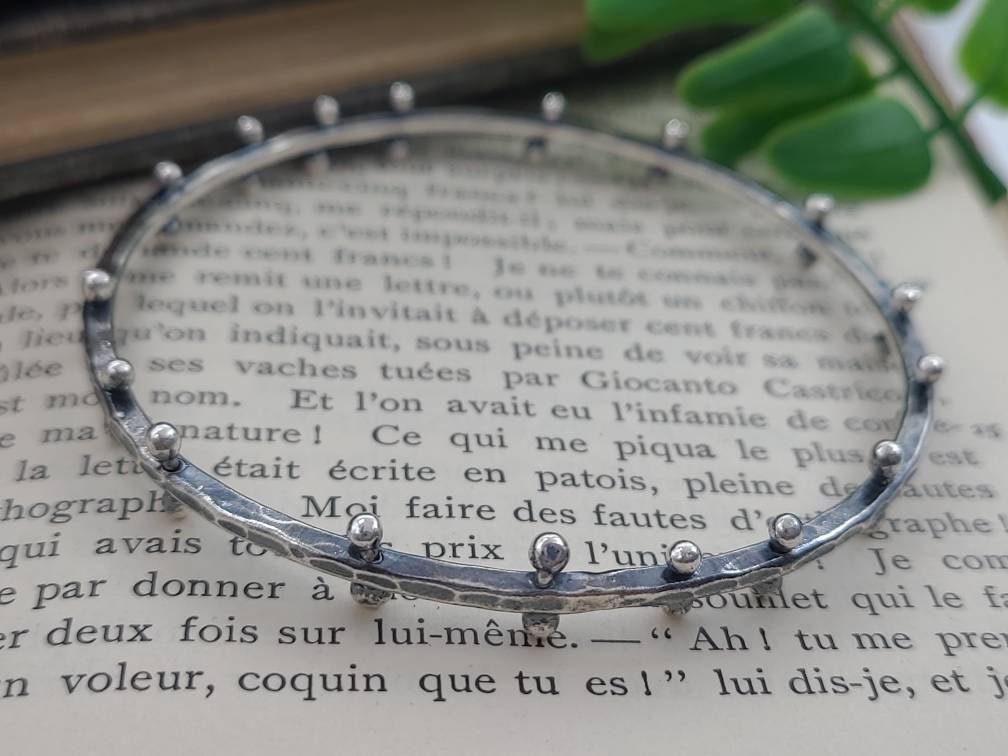 Rustic Sterling Silver Barbell Bangle Bracelet / Hammered /