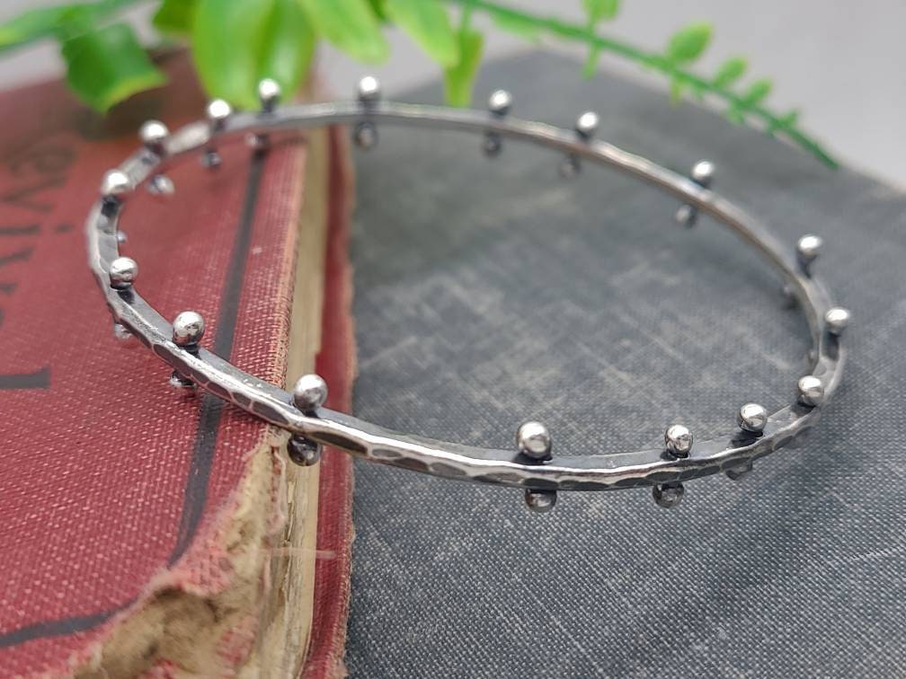 Rustic Sterling Silver Barbell Bangle Bracelet / Hammered /