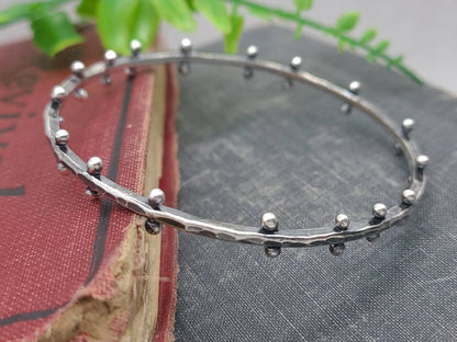 Rustic Sterling Silver Barbell Bangle Bracelet / Hammered /
