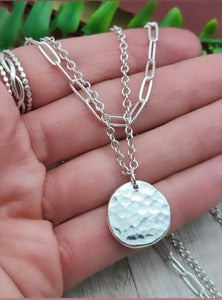 Sterling Silver Hammered Coin and Paperclip Necklace / Thick Disc / Hammered Disc Pendant / Layering Set