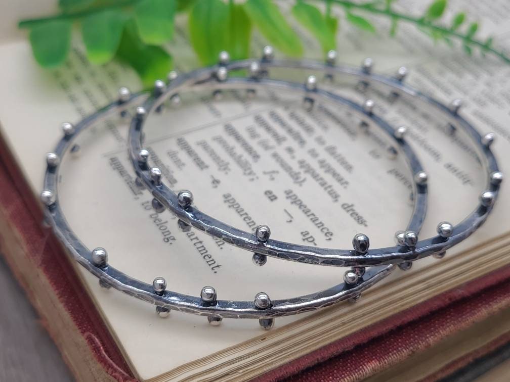 Rustic Sterling Silver Barbell Bangle Bracelet / Hammered /