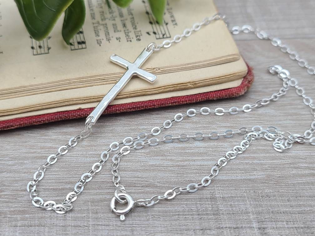 Sterling Silver Sideways Cross Necklace /  Faith /  Inspirational Jewelry