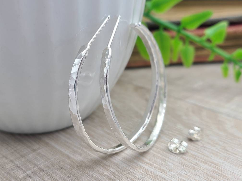 Sterling Hammered Hoop Earrings / 3/4 Inch / 1 Inch / 1.5 Inch / 2 Inch