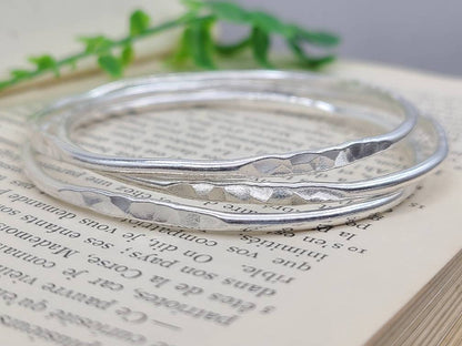 Sterling Silver Hammered and Smooth Bangle Bracelet Set / Set of 3