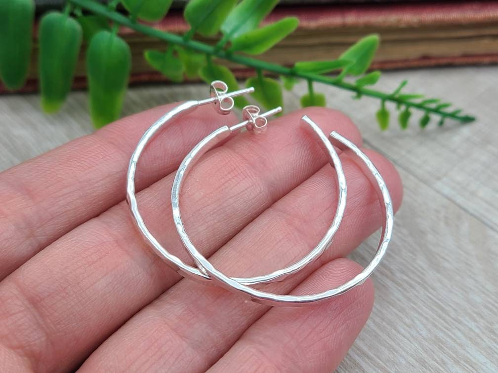 Sterling Hammered Hoop Earrings / 3/4 Inch / 1 Inch / 1.5 Inch / 2 Inch