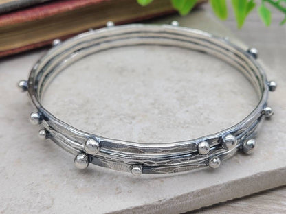 Rustic Sterling Silver Bangle Bracelet SET OF 3 / Hammered Bangles / Adorned / Sterling Baubles