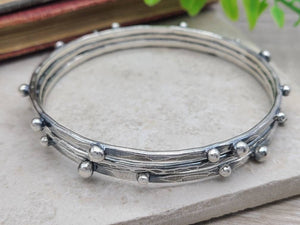 Rustic Sterling Silver Bangle Bracelet SET OF 3 / Hammered Bangles / Adorned / Sterling Baubles