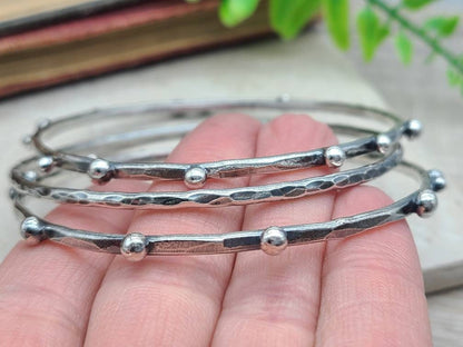 Rustic Sterling Silver Bangle Bracelet SET OF 3 / Hammered Bangles / Adorned / Sterling Baubles