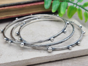 Rustic Sterling Silver Bangle Bracelet SET OF 3 / Hammered Bangles / Adorned / Sterling Baubles