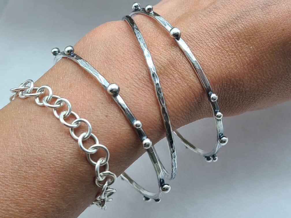 Rustic Sterling Silver Bangle Bracelet SET OF 3 / Hammered Bangles / Adorned / Sterling Baubles