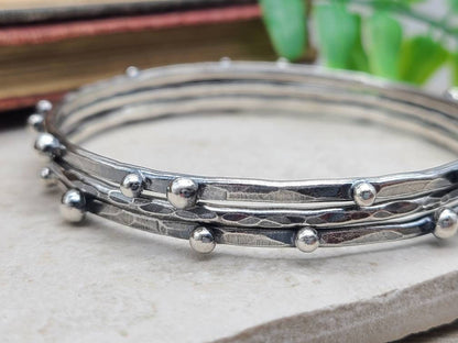 Rustic Sterling Silver Bangle Bracelet SET OF 3 / Hammered Bangles / Adorned / Sterling Baubles