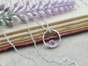 Sterling Silver & Pink Tourmaline Circle Pendant Necklace  / October Birthstone