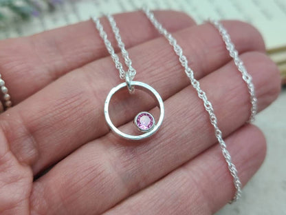 Sterling Silver & Pink Tourmaline Circle Pendant Necklace  / October Birthstone