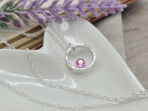 Sterling Silver & Pink Tourmaline Circle Pendant Necklace  / October Birthstone