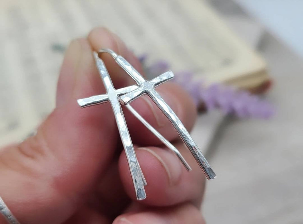 Sterling Silver Hammered Cross Earrings / Threader / Arc