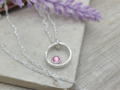 Sterling Silver & Pink Tourmaline Circle Pendant Necklace  / October Birthstone